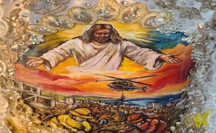 Obra artística de la Virgen del Valle creada por Fausto Indriago en homenaje a los héroes de rescate.