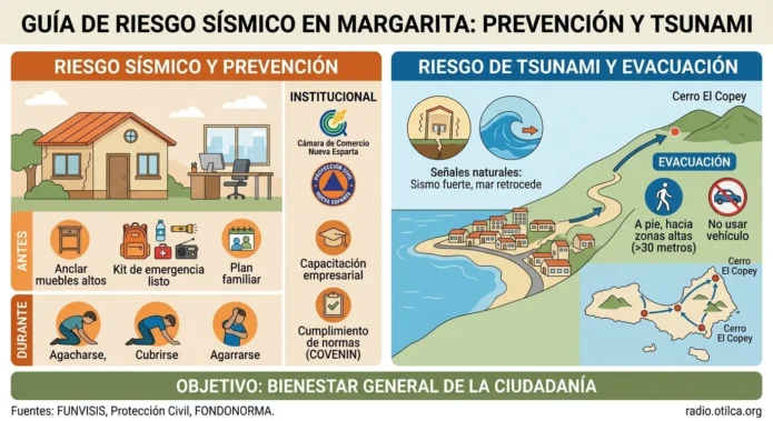 Infografía sobre el riesgo sísmico en Margarita, protocolos de evacuación por tsunami y medidas de prevención en hogares y empresas.
