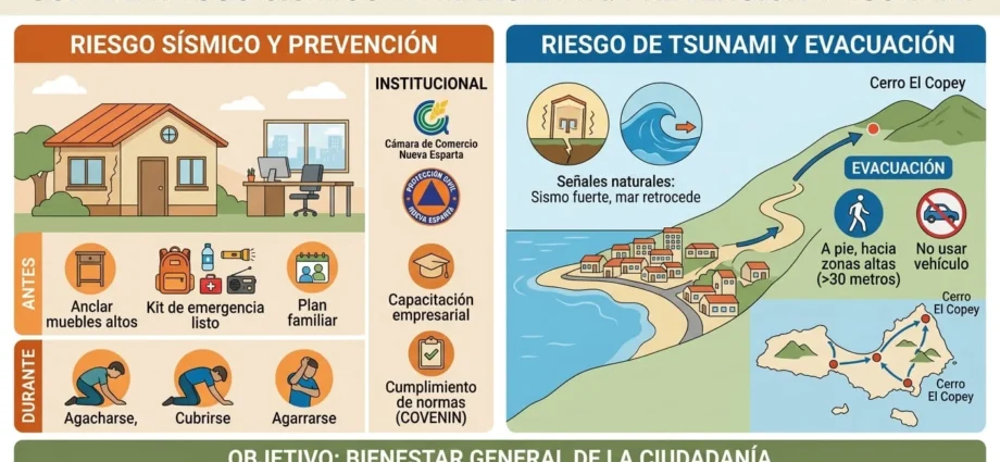 Infografía sobre el riesgo sísmico en Margarita, protocolos de evacuación por tsunami y medidas de prevención en hogares y empresas.